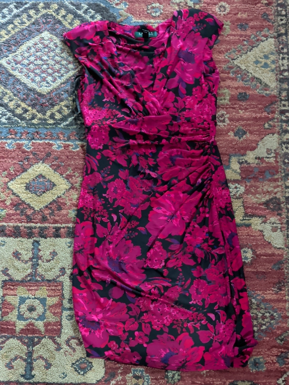 Lauren Ralph Lauren Fuchsia and Black Floral Wrap-Style Mini Dress
